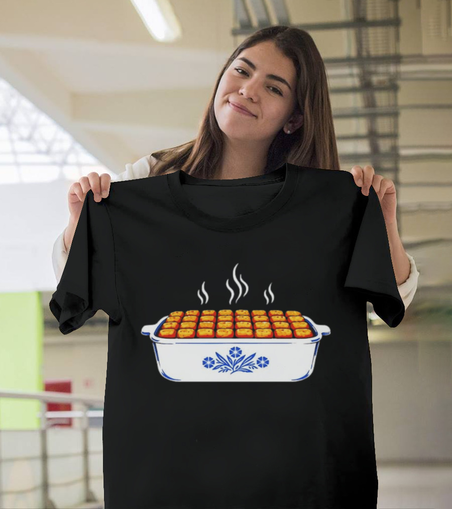 Steaming Cornflower Pattern Tater Tot Hotdish Recipe Minnesota Comfort Food T-Shirt
