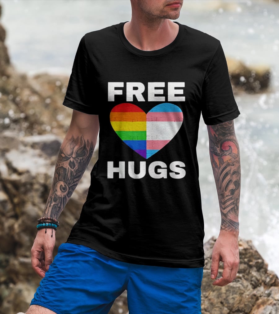 Free Hugs LGBTQ Rainbow Heart Pride T-Shirt