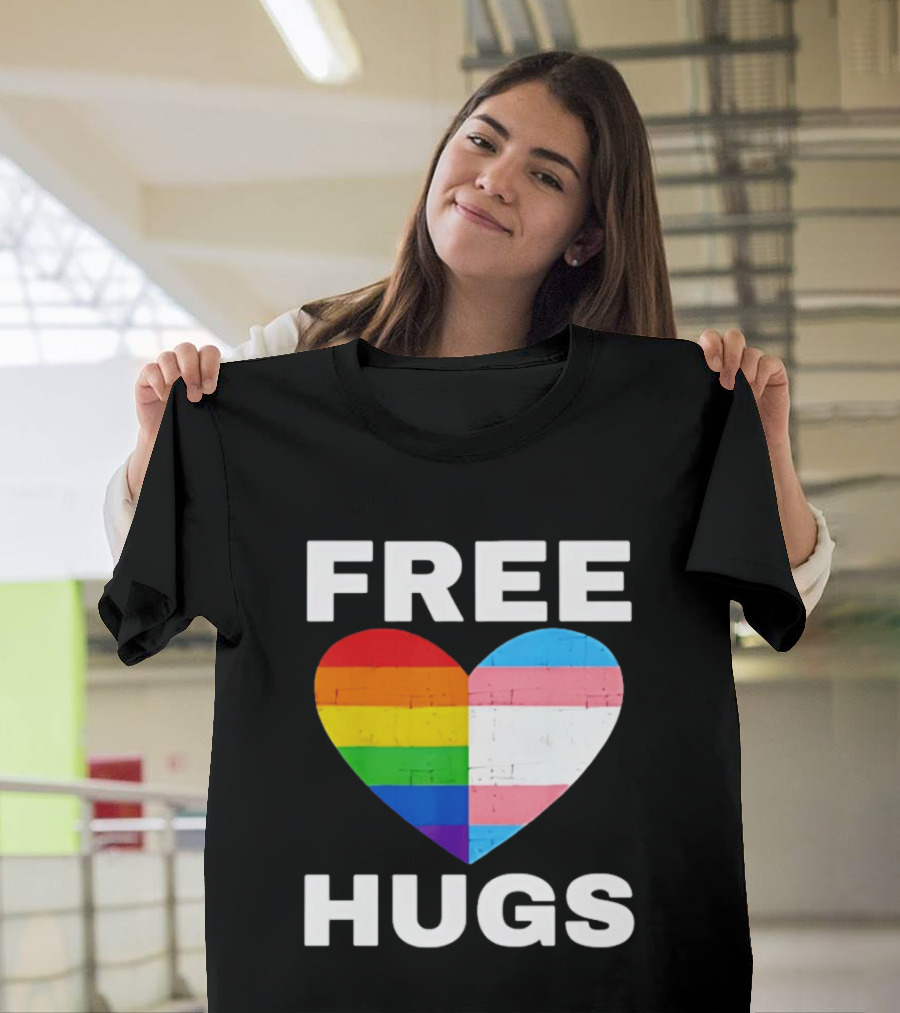 Free Hugs LGBTQ Rainbow Heart Pride T-Shirt