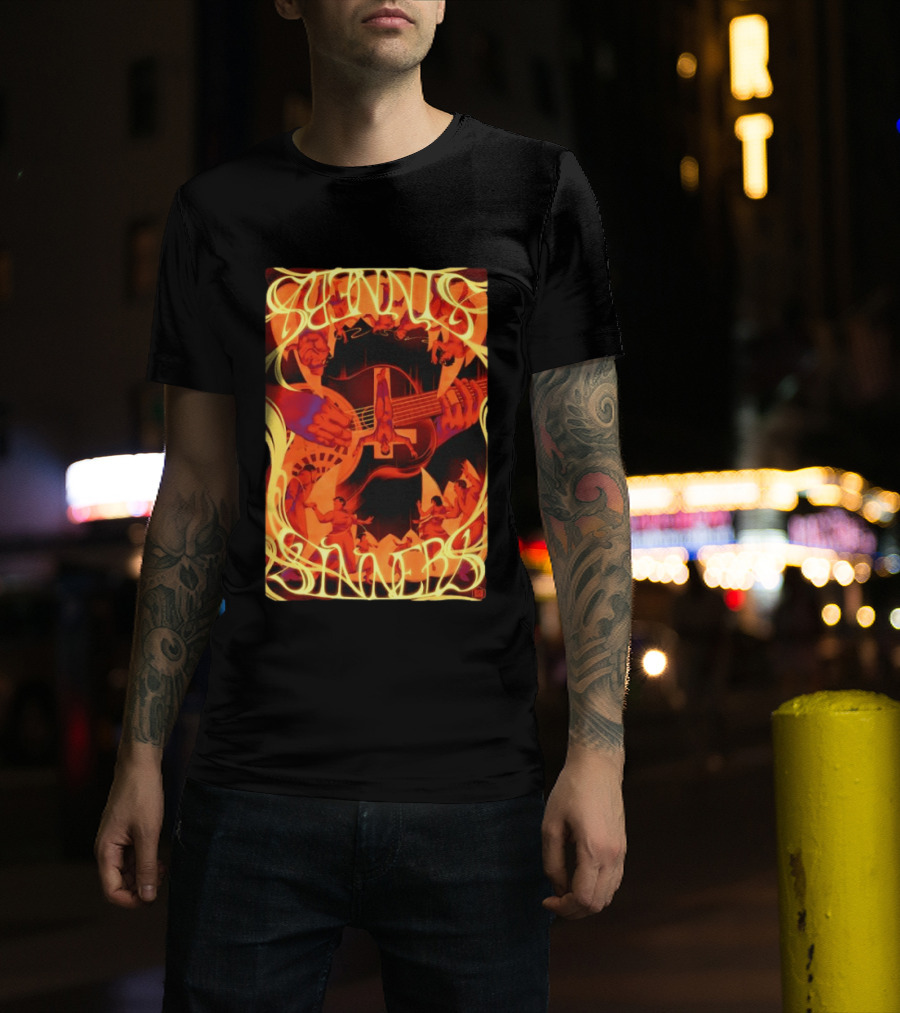 Sinners Pecadores Upside Down Guitar Person T-Shirt