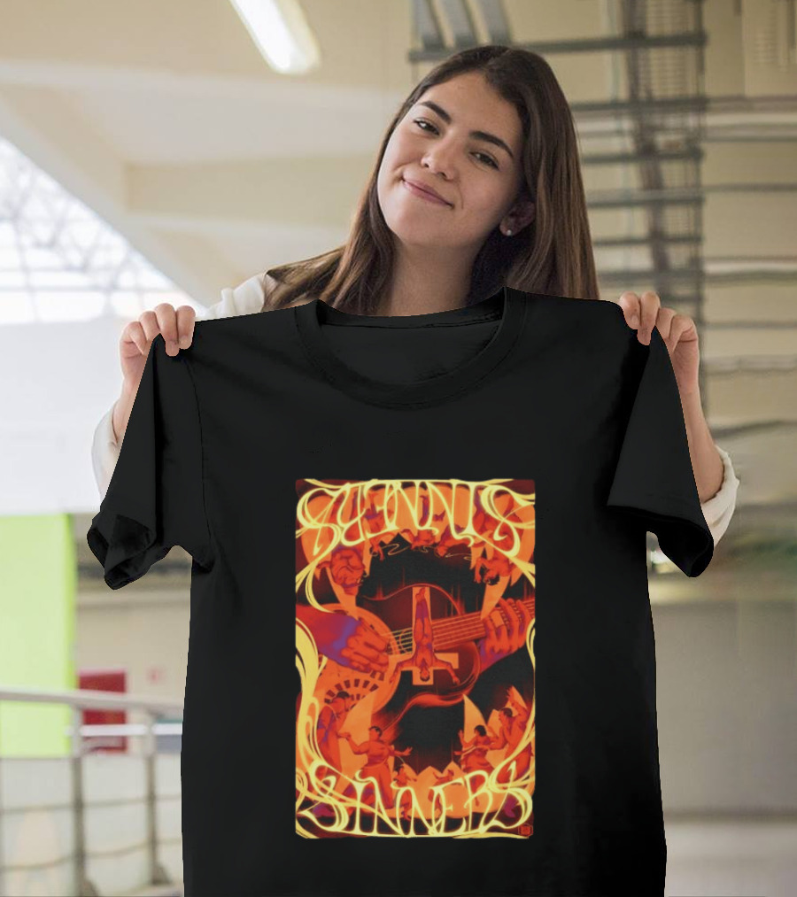 Sinners Pecadores Upside Down Guitar Person T-Shirt