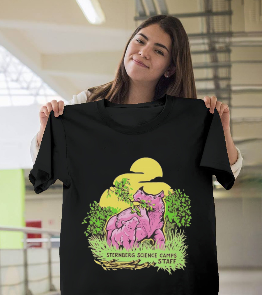 Sternberg Science Camps Staff Pink Dinosaurs Under Yellow Sun T-Shirt