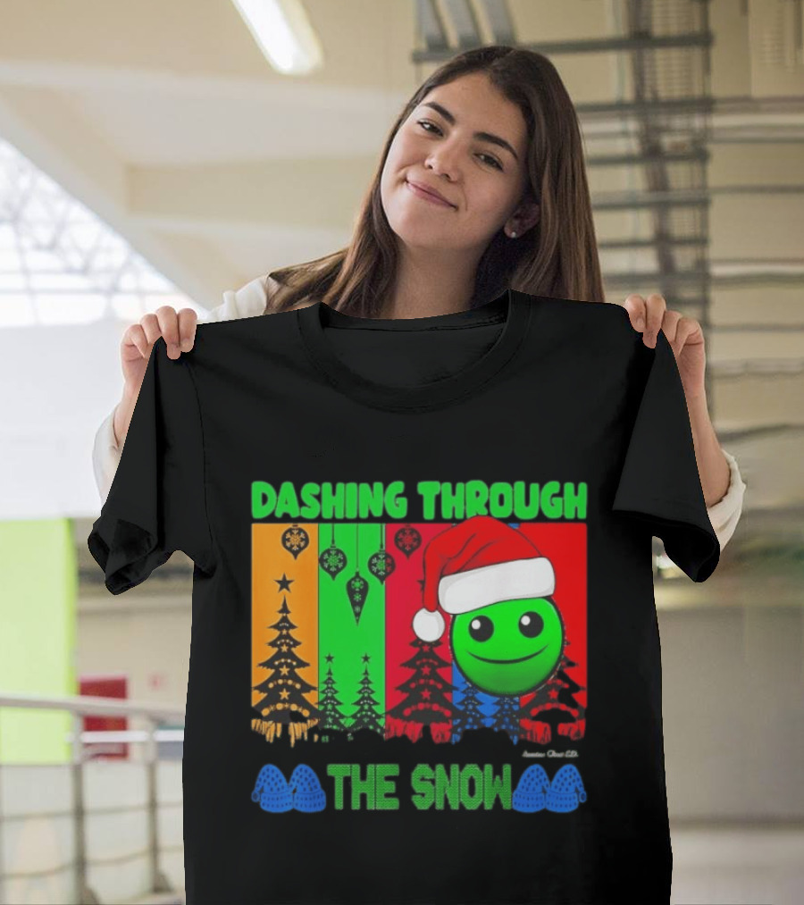 Dashing Through The Snow Emoji Santa Hat Christmas Trees Multicolor Snowflakes T-Shirt
