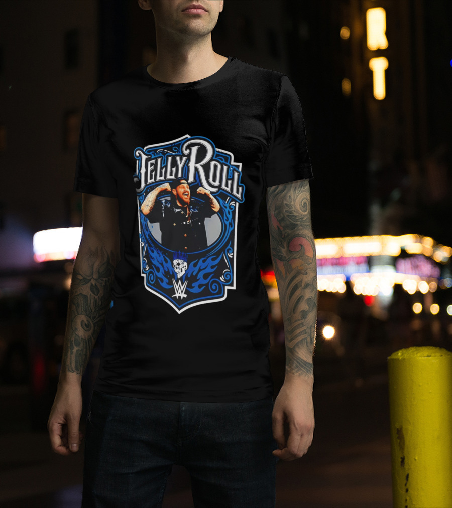 Jelly Roll WWE Superstar Illustration With Flaming Skull And Tattooed Arms T-Shirt