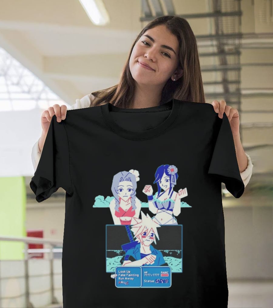 Cloud Strife Panic Aerith Tifa Final Fantasy VII Battle Scene Pixel T-Shirt