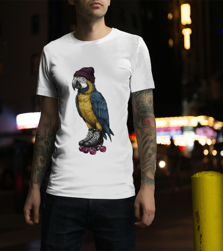 Nice Roller Skating Parrot With Hat And Colorful Feathers T-Shirt