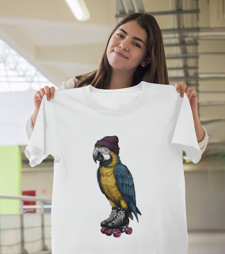 Nice Roller Skating Parrot With Hat And Colorful Feathers T-Shirt