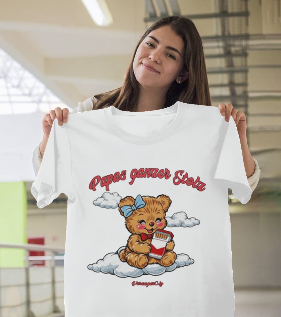 Papas Ganzer Stolz Bear With Bow Holding Cigarettes On Clouds T-Shirt