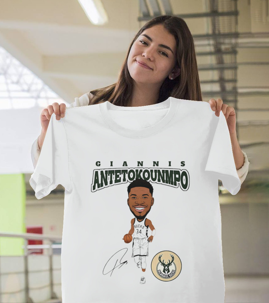 Giannis Antetokounmpo Milwaukee Bucks Hardwood Comic Caricature Basketball Signature 34 T-Shirt