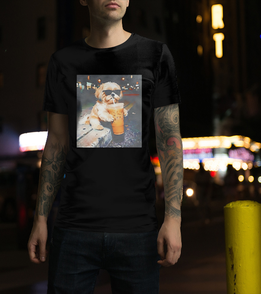 Shih Tzu Enjoying Iced Coffee At Night With Sunglasses T-Shirt