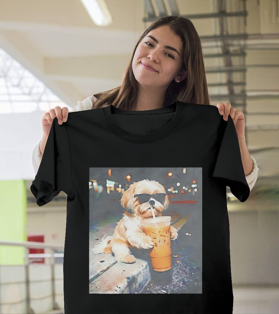 Shih Tzu Enjoying Iced Coffee At Night With Sunglasses T-Shirt