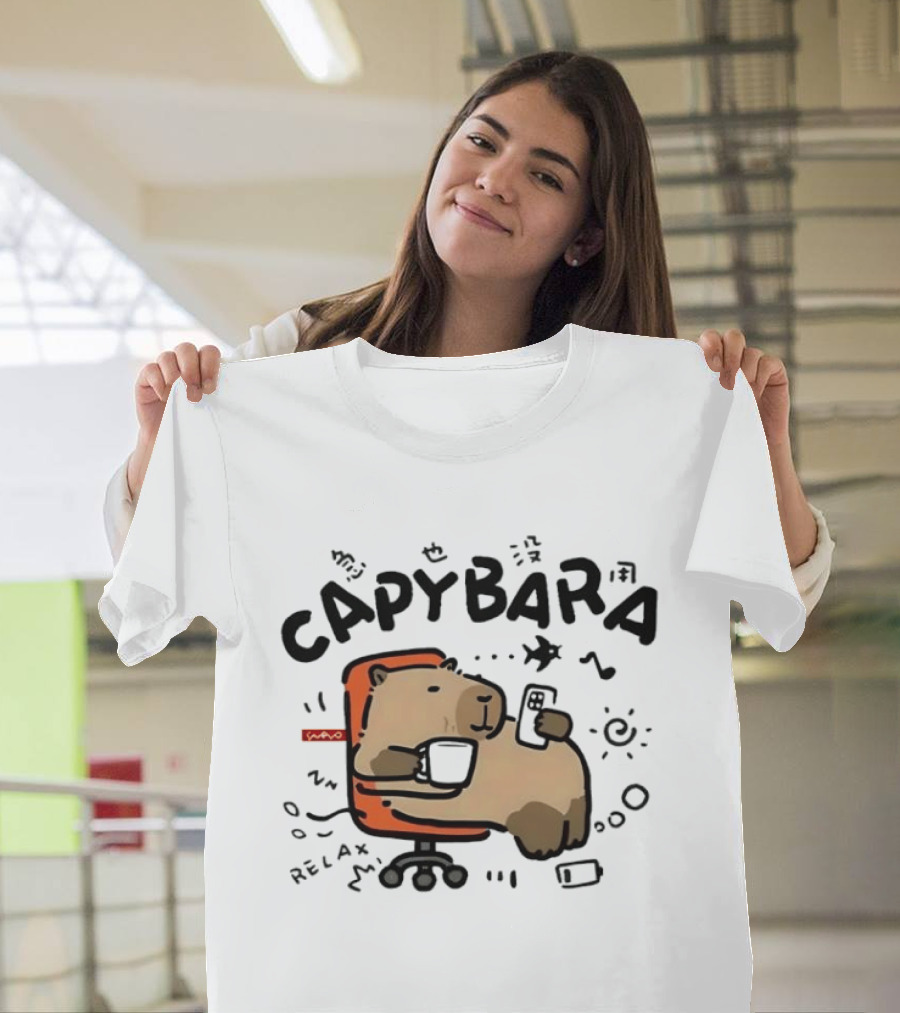 Capybara Relaxing On Office Chair With Coffee And Phone T-Shirt