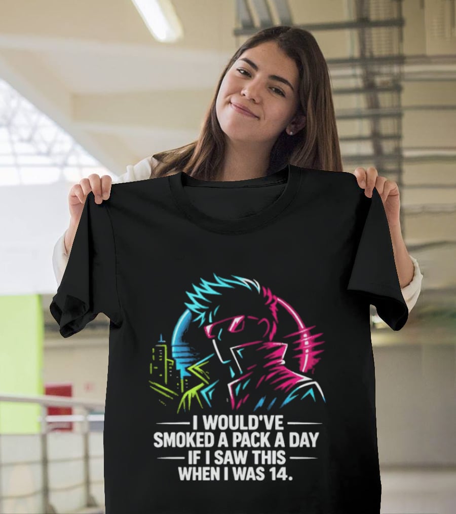 I Would've Smoked A Pack A Day If I Saw This When I Was 14 Retro Cyberpunk Cool Neon Cityscape T-Shirt