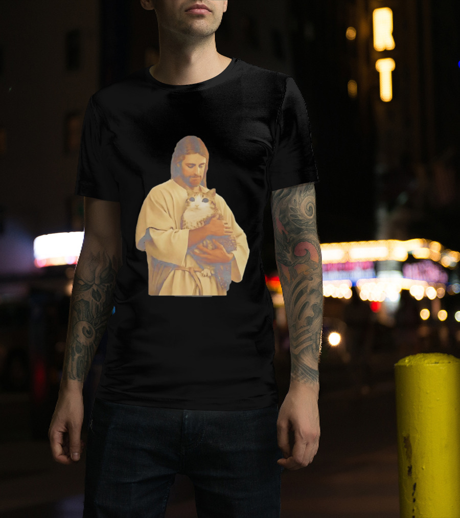 Jesus Embracing Chubby Cat T-Shirt