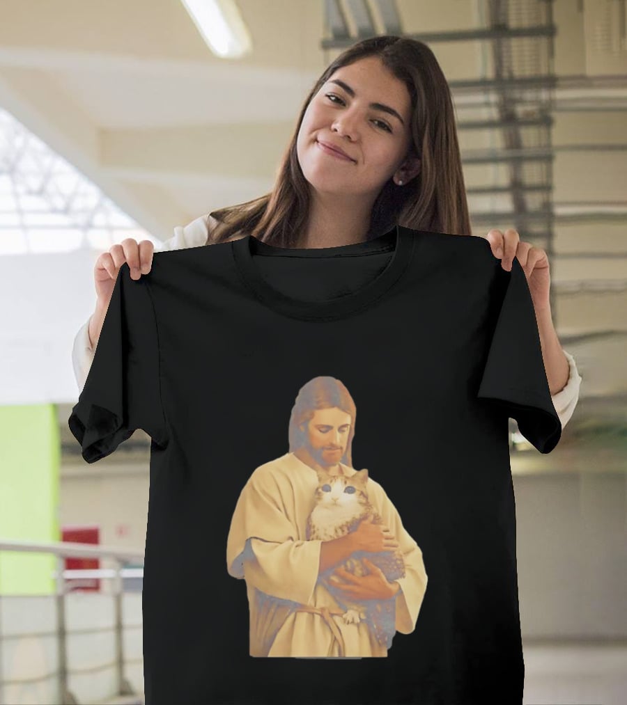 Jesus Embracing Chubby Cat T-Shirt