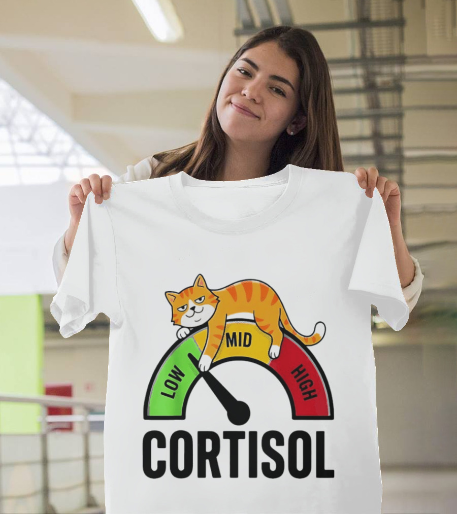 Cat Low Mid High Cortisol Level Meter With Relaxed Orange Cat T-Shirt