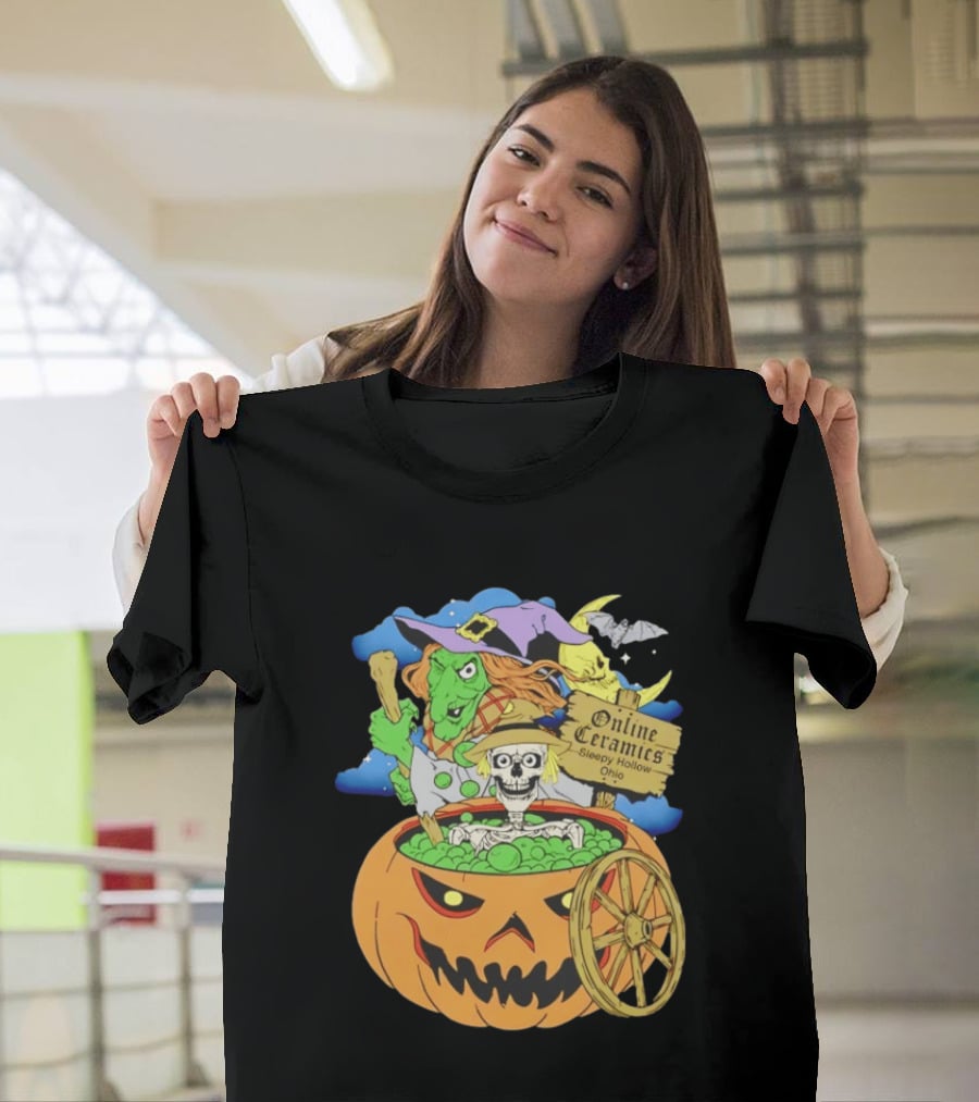 Online Ceramics Sleepy Hollow Ohio Witch Skeleton Pumpkin Cauldron Scene T-Shirt