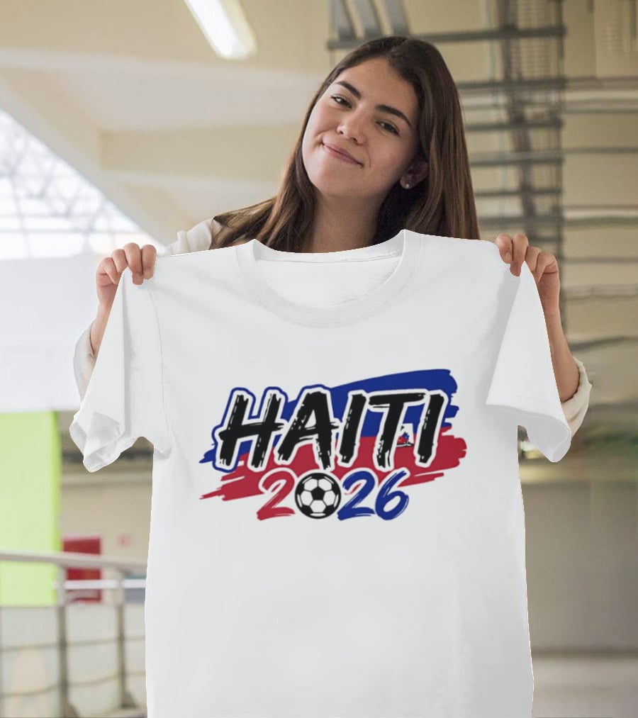 Haiti 2026 Soccer Emblem With Red And Blue Brush Strokes T-Shirt