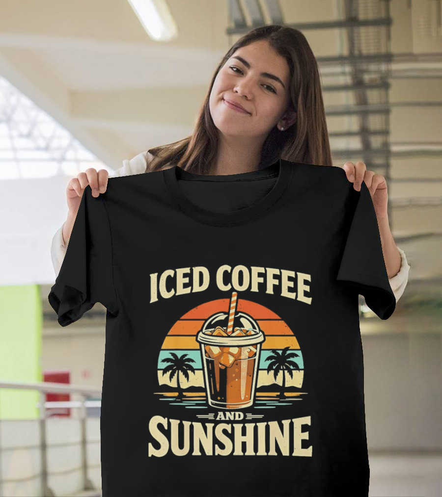 Iced Coffee And Sunshine Beach Vibes With Palm Trees And Sunset T-Shirt