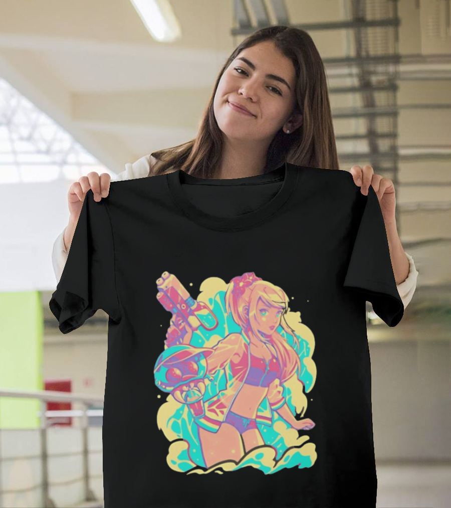 Metroid Water Games Neon Anime Girl With Water Gun And Floating Creature T-Shirt