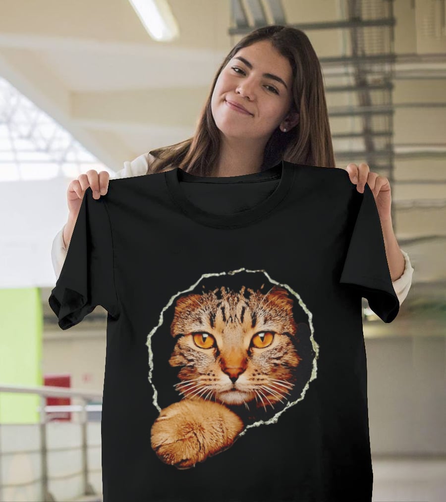 Tabby Cat Golden Eyes Peeking Through Handsome Brown T-Shirt