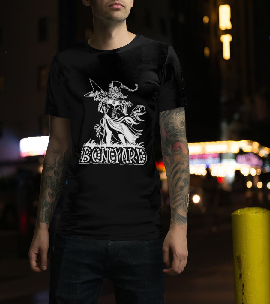 Boneyard Rocker Skeleton Woman Flying V Guitar T-Shirt