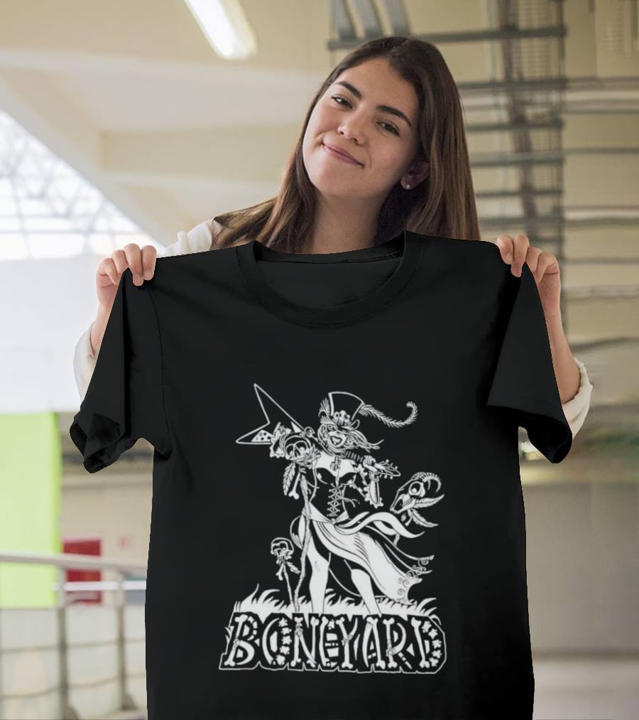 Boneyard Rocker Skeleton Woman Flying V Guitar T-Shirt