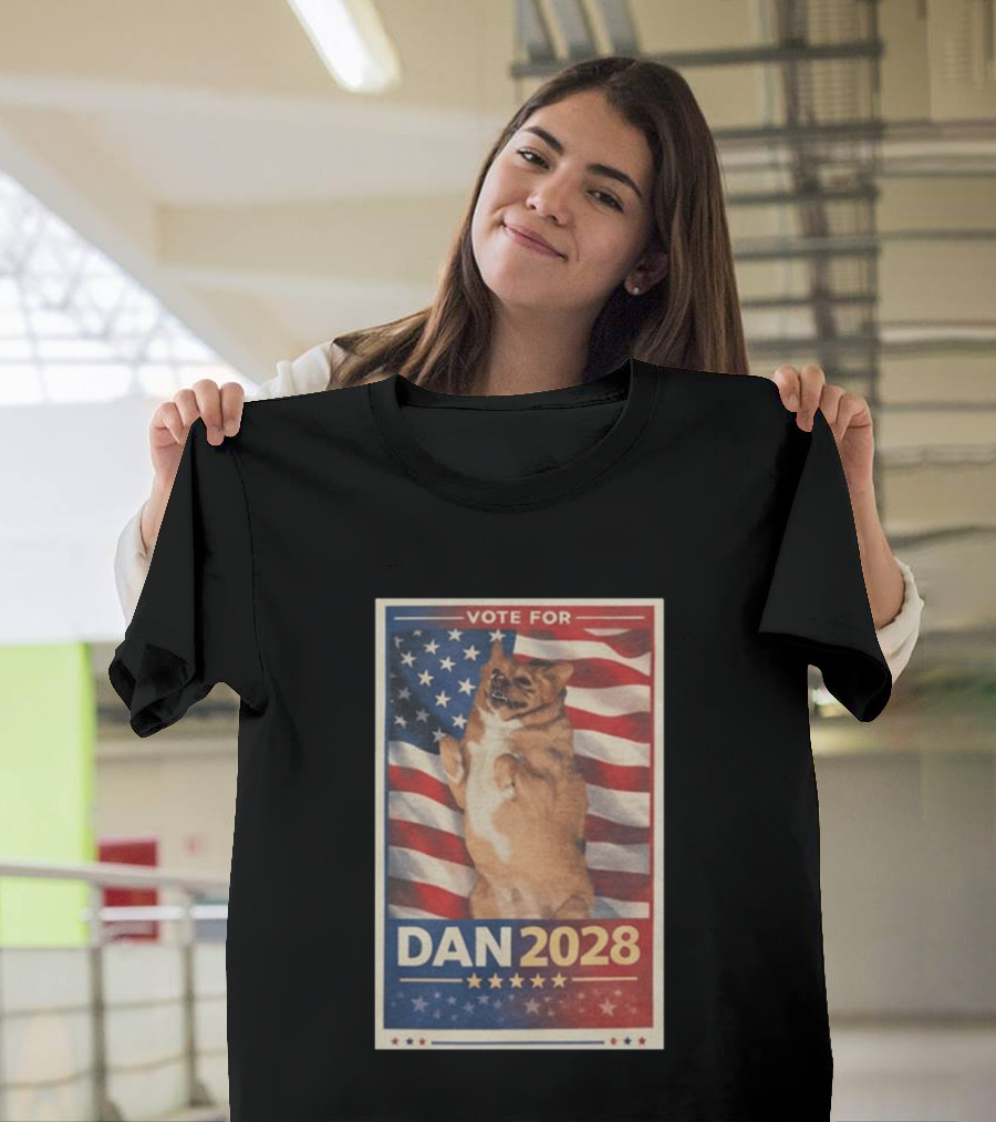 Vote For Dan 2028 American Flag Dog Stars Stripes T-Shirt