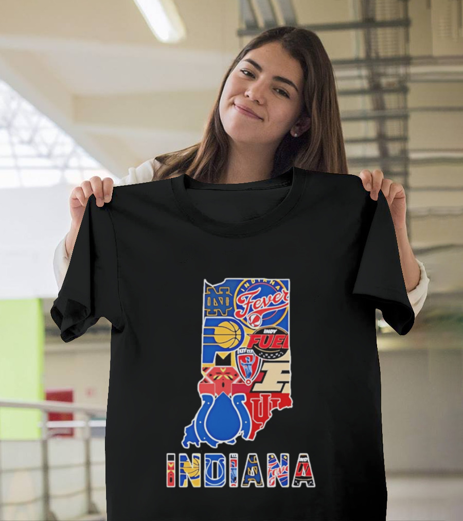 Indiana Sports Team Logos Map Featuring Colts Pacers Fever Hoosiers Fighting Irish Fuel T-Shirt