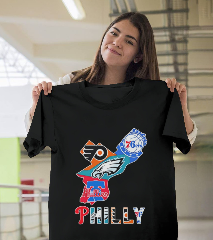 Philadelphia Flyers 76ers Eagles Phillies PHILLY Sports Logos State Map T-Shirt