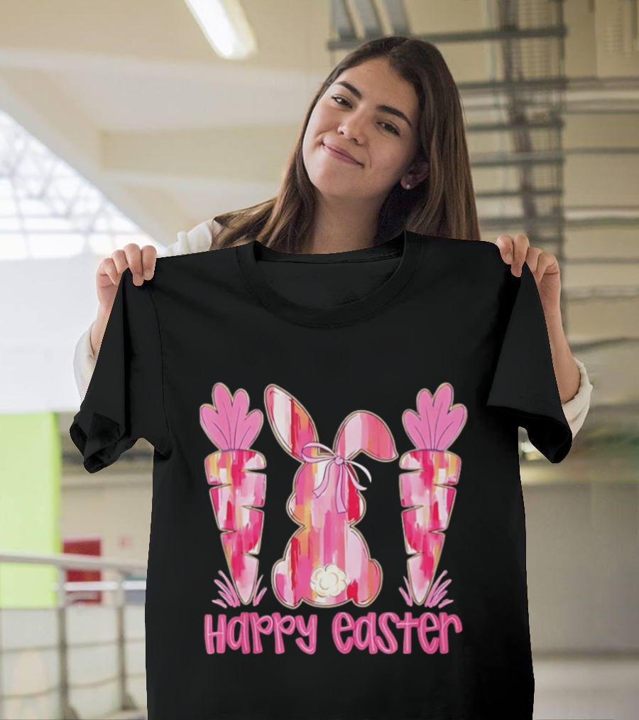 Pink Brushstroke Bunny Carrot Happy Easter T-Shirt