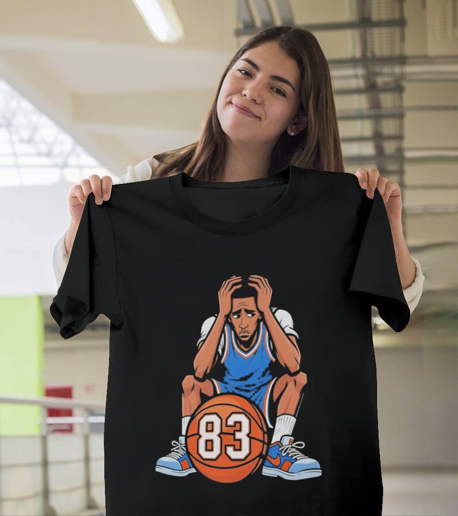 Basketball Player Caricature 83 Sitting Blue Orange Jersey Sneakers T-Shirt