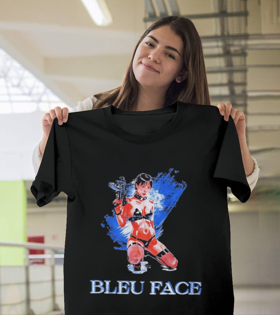 Bleu Face Anime Girl With Gun And Blue Brushstroke T-Shirt