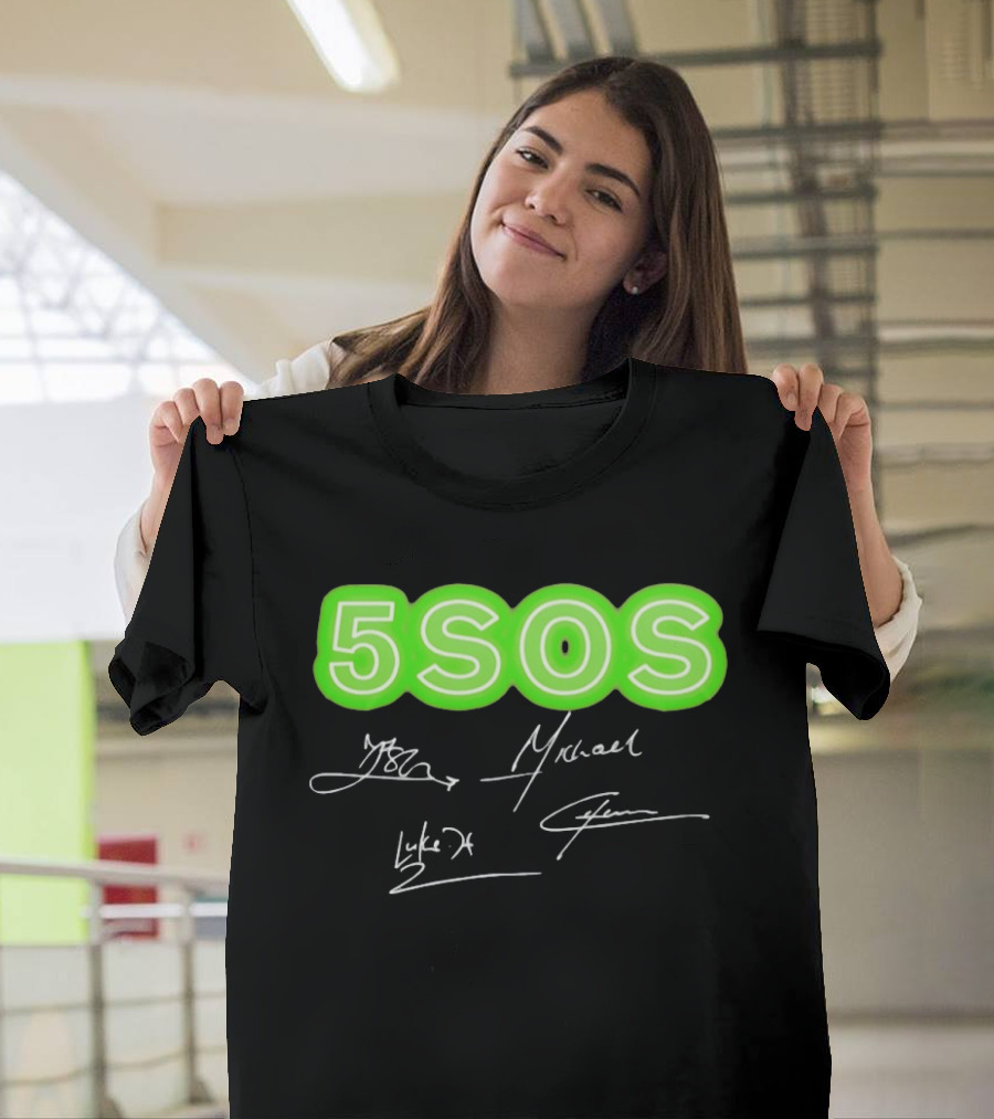5SOS Luke Hemmings Calum Hood Ashton Irwin Michael Clifford Signatures Neon Green T-Shirt
