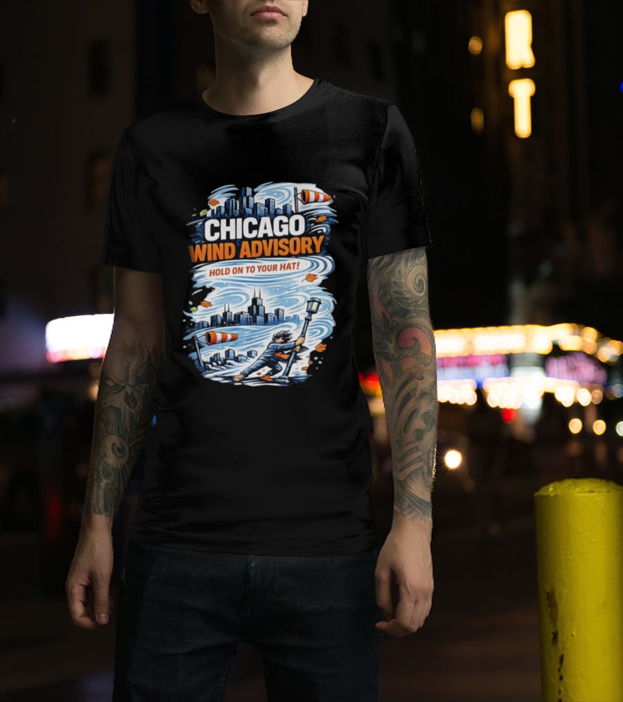 Chicago Wind Advisory Hold On To Your Hat Cityscape And Skyline Scene T-Shirt