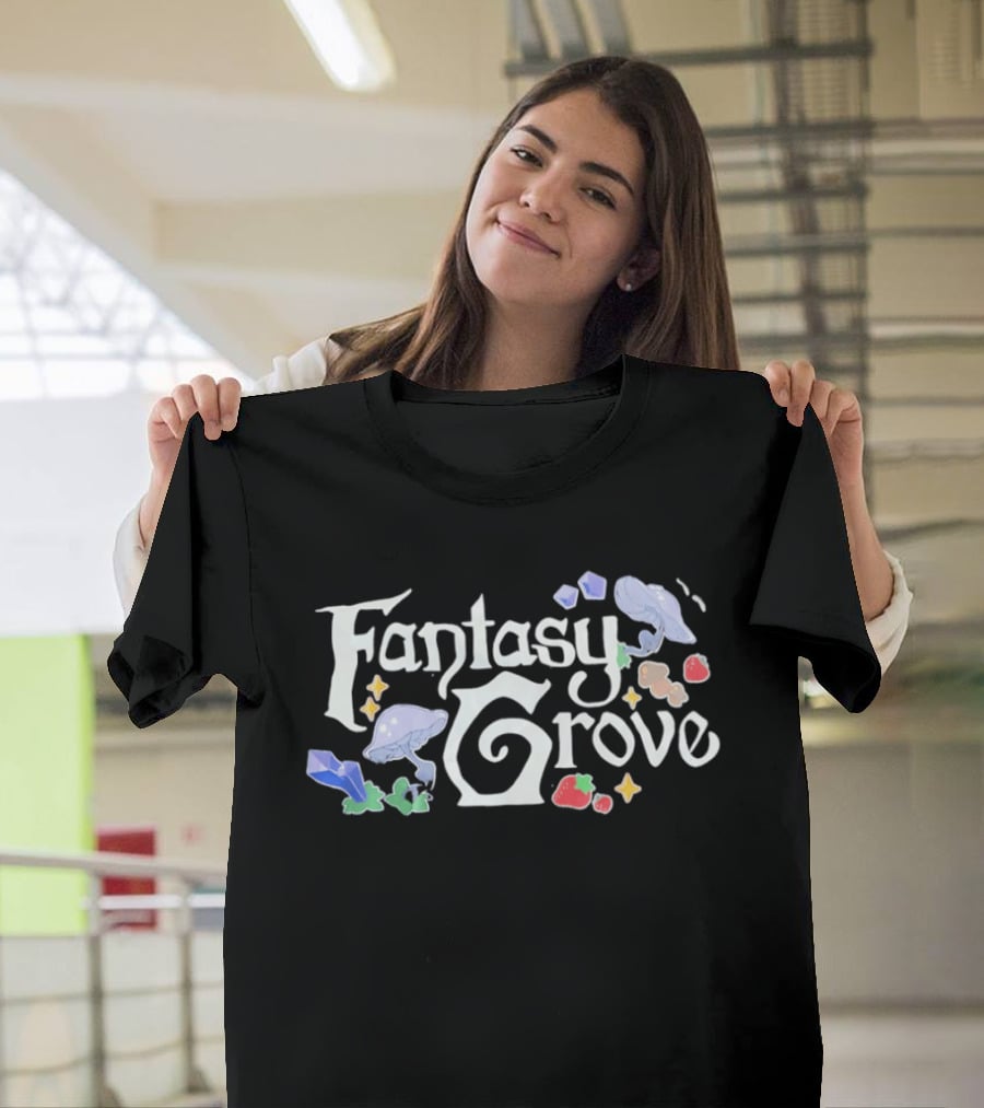 Fantasy Grove Mushrooms Strawberries Gems Whimsical Nature Magic T-Shirt