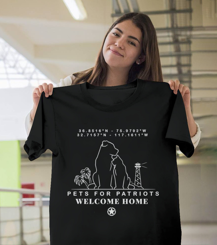 Pets For Patriots Welcome Home Dogs Silhouette With Coordinates And Lighthouse T-Shirt