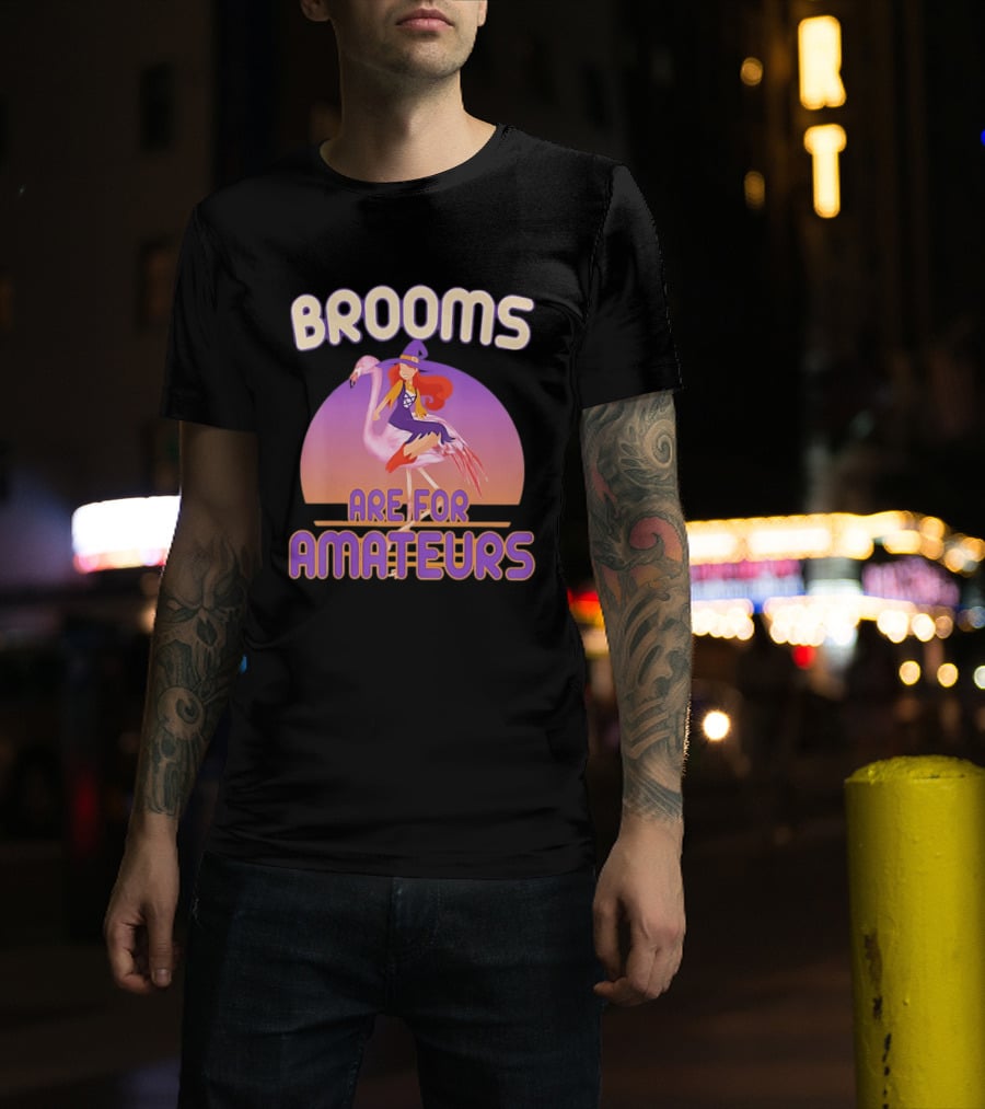 Brooms Are For Amateurs Witch Riding Flamingo T-Shirt