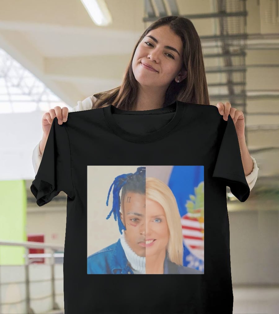 XXXTentacion Pam Bondi Split Image Face Half Blue Dreads Tattoos American Flag T-Shirt