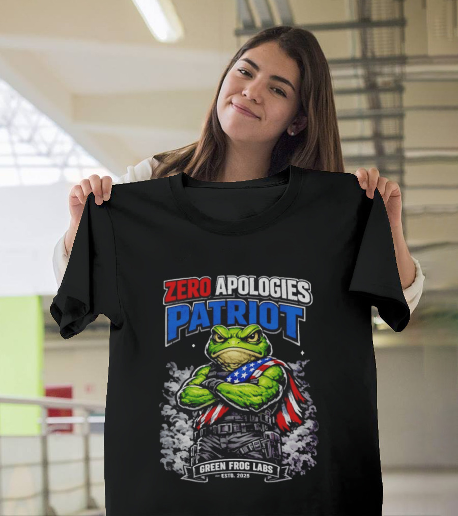 Zero Apologies Patriot Green Frog Labs Estd 2025 American Flag Frog T-Shirt