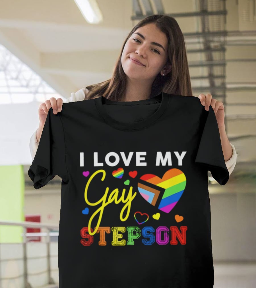 I Love My Gay Stepson LGBT Pride Rainbow Heart T-Shirt