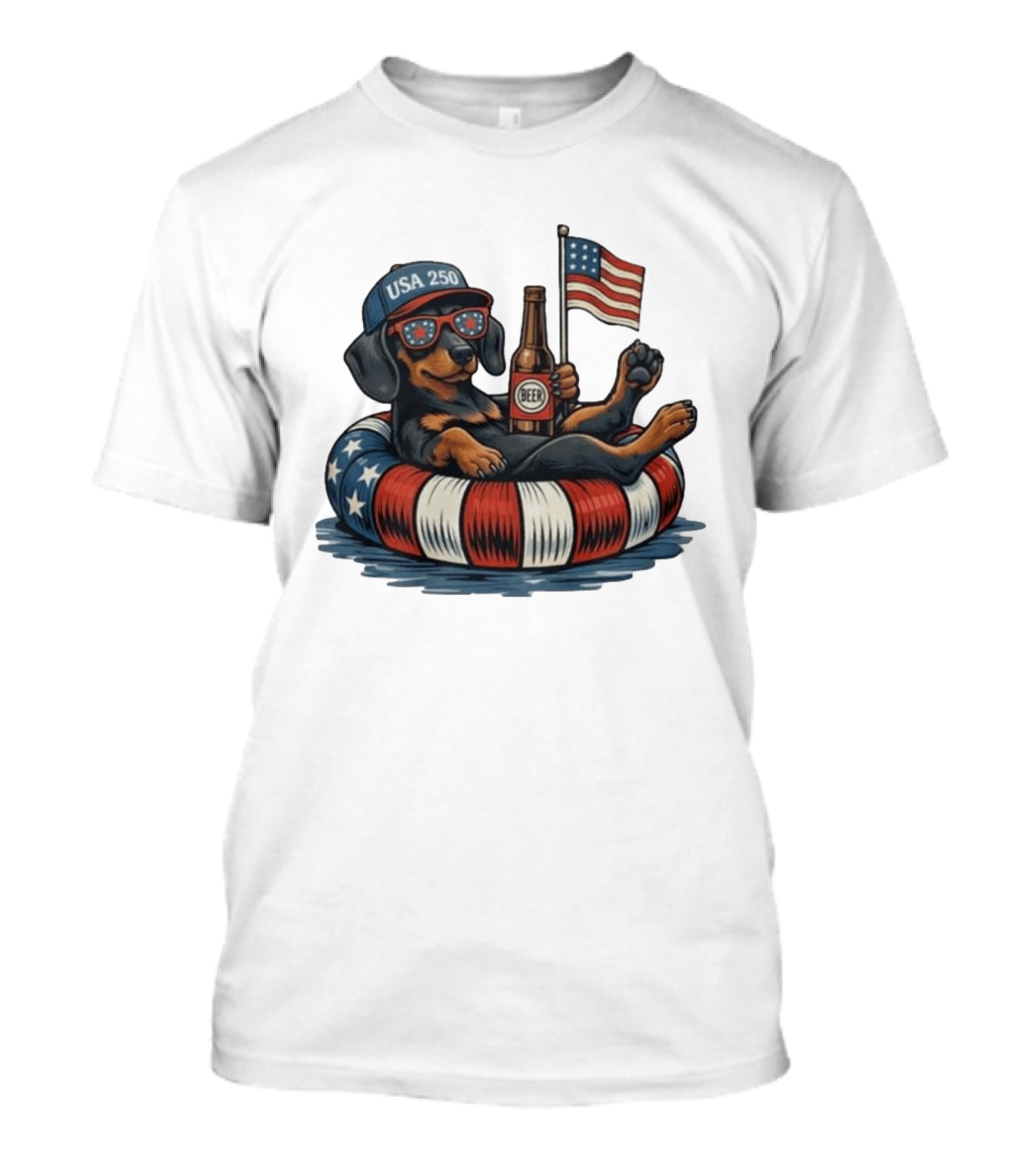 USA 250 Dachshund Floating With American Flag And Beer T-Shirt