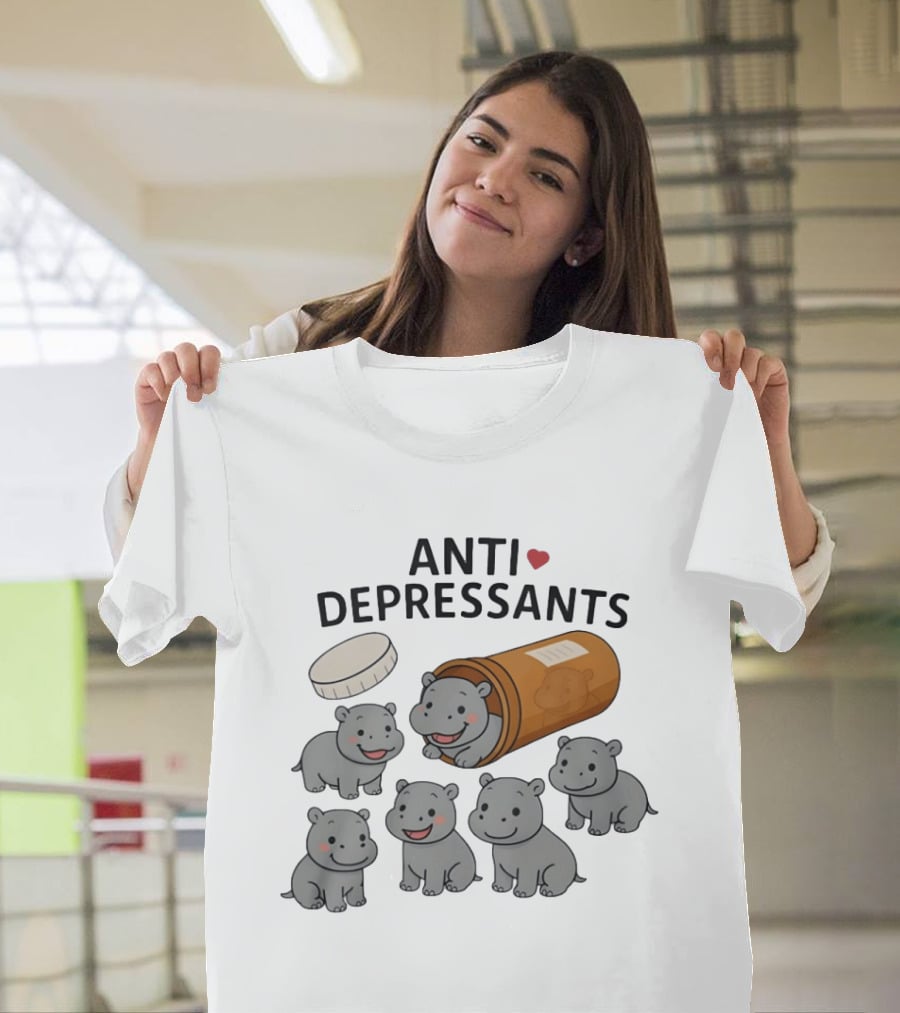 Hippos Anti Depressants Cute Cartoon Prescription Bottle T-Shirt