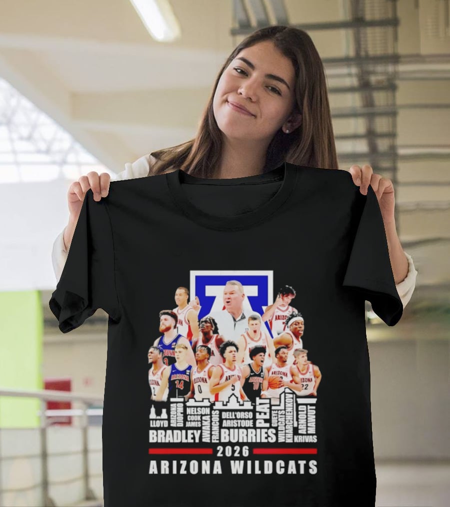 Arizona Wildcats Men's Basketball Coach And Players Final Four 2026 City Skyline Bradley Druries T-Shirt