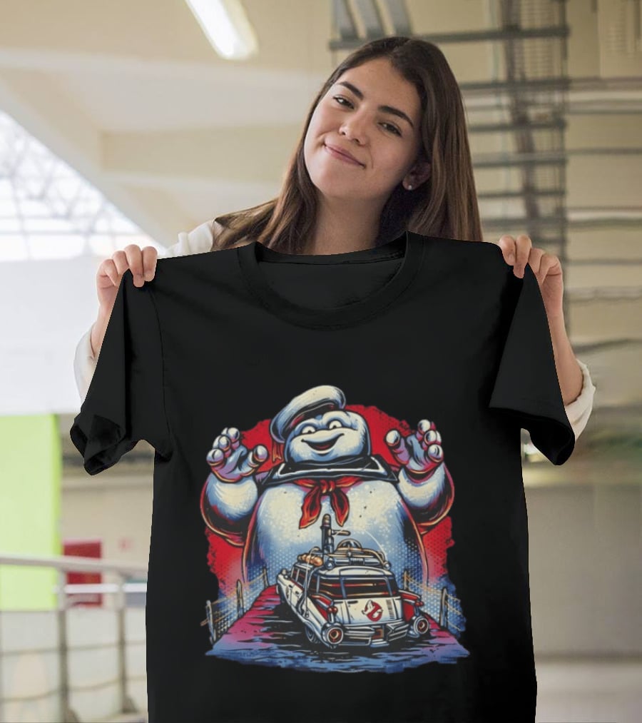 Ghostbusters Ecto 1 Meets Stay Puft Marshmallow Man Iconic Movie Scene T-Shirt