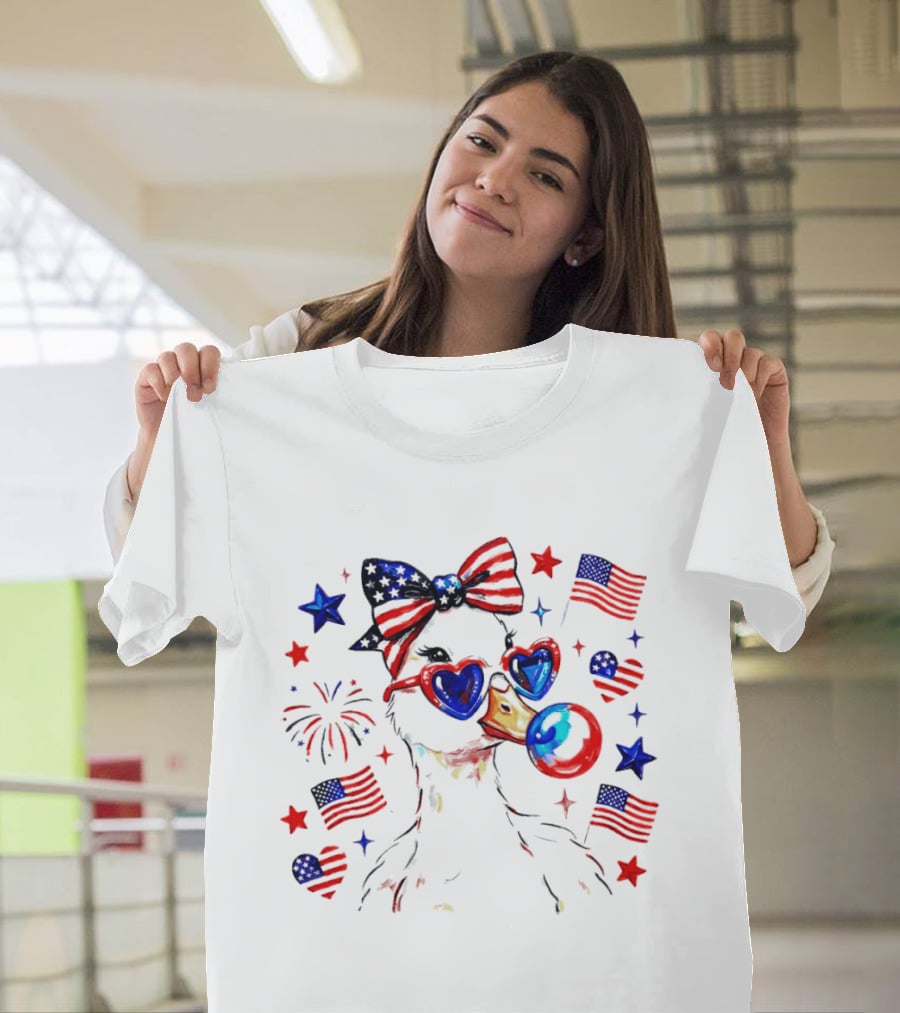 Preppy Patriotic Goose Coquette Fourth Of July With Stars And Stripes Sunglasses And Bow Tie T-Shirt