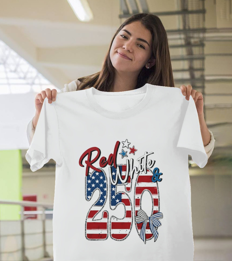 Red White And Blue 250 USA Stars And Stripes Bow T-Shirt