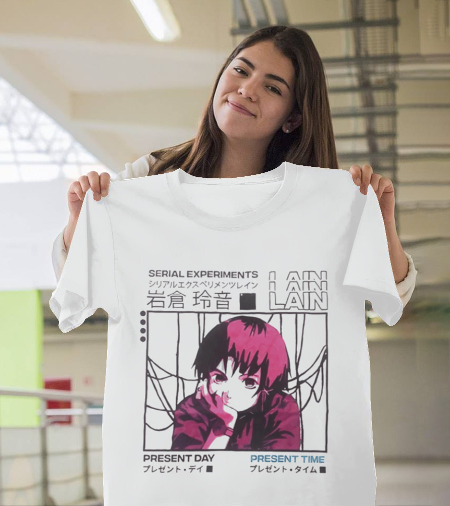Serial Experiments Lain Present Day Present Time Japanese Text Retro Aesthetic T-Shirt