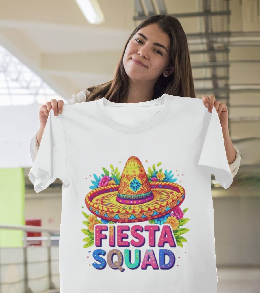 Fiesta Squad Colorful Sombrero And Flowers Cinco De Mayo Celebration T-Shirt
