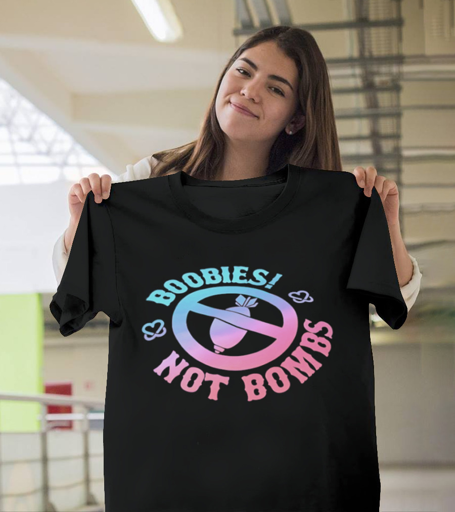 Boobies Not Bombs Peace Symbol Pastel Colors Clouds T-Shirt